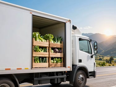 Clean white delivery truck being loaded with crates of fresh green produce at dawn, sun rising over the Bear River valley mountains, high-key natural morning light, 35mm lens