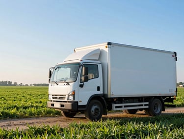 A clean white delivery truck loading at dawn next to a sunlit agricultural field, bright high-key morning light, crisp blue sky, sharp focus, 35mm lens.