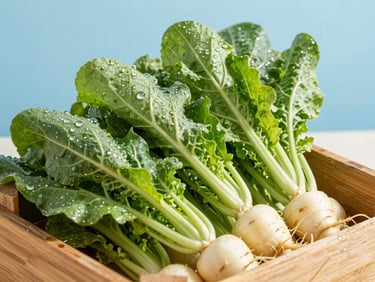 Freshly harvested leafy greens and root vegetables still damp with morning dew in a wooden crate, bright natural photography, crisp morning sunlight, 35mm lens.
