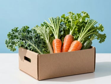 A rustic cardboard box filled with vibrant colorful vegetables, carrots, and kale on a clean white surface, bright natural light, sharp focus, 35mm lens.