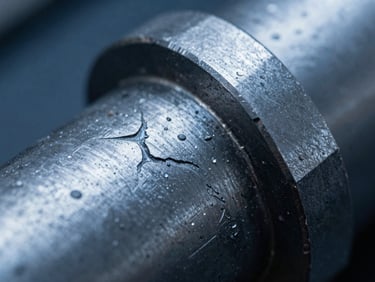 Macro shot of metal fatigue on a structural component, sharp technical photography, high-contrast industrial lighting, desaturated steel and deep blue tones, macro lens detail, 35mm