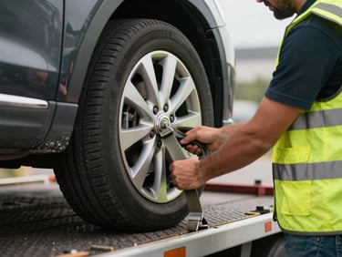 Close-up of a professional tow truck operator wearing a high-visibility yellow safety vest securing a car wheel with heavy-duty straps on a flatbed