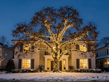 Mature oak tree draped with warm white lights, soft glow on snow, deep blue hour sky, elegant residential estate, 35mm