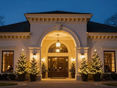 Grand estate entrance with illuminated archway and festive planters, warm golden holiday lights, twilight, 35mm