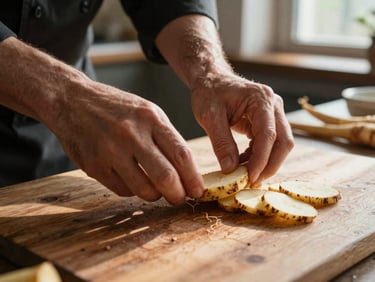 Extreme close-up of a chef's hands arranging root vegetables on a worn wooden prep table, north-facing window light raking across the grain and casting soft shadows, empty dining room visible in soft focus behind