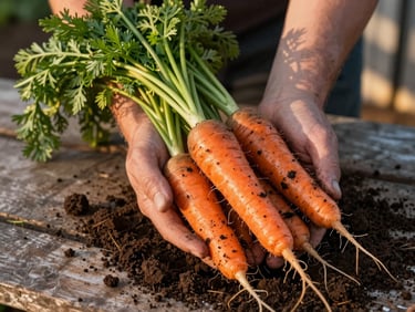 Overhead close-up of soil-covered hands cradling freshly pulled carrots at a farm stand table, golden-hour light coming low through a gap in a wooden barn wall, loose dirt still visible on the roots