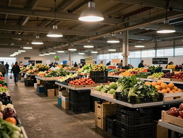 Wide environmental shot of an independent food market hall before opening, vendor tables laid out with stacked produce crates, tungsten pendant lights warm overhead, no customers yet, the space quiet and expectant
