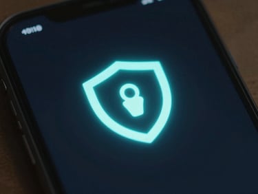 Macro shot of a privacy shield icon glowing on a dark smartphone screen, soft cyan ambient light.
