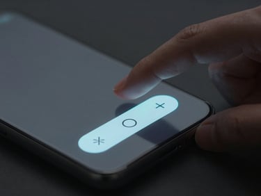 Close-up of a finger tapping a sleek, minimalist widget on an Android phone, moody low-key lighting.