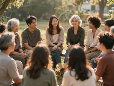 A diverse group of community members of different ages sitting outdoors in a circle, talking and smiling, soft golden hour sunlight, natural background.