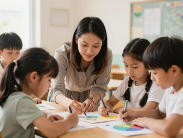 Candid shot of a teacher and young students collaborating on a colorful creative project in a bright classroom, warm natural daylight, soft focus.