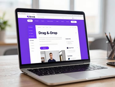 Clean laptop screen showing a modern drag-and-drop website builder interface, vibrant purple accents, bright natural daylight workspace