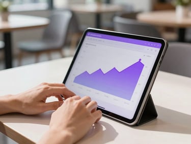 Close-up of hands typing on a sleek tablet in a sunlit modern cafe office, showing fast loading speed graph on screen