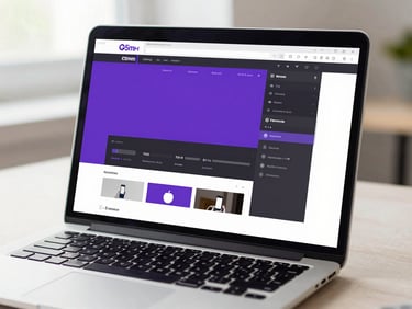 Close-up of a clean laptop screen showing a modern website editor interface with vibrant purple accents, bright natural daylight, shallow depth of field