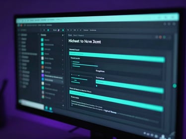 Sleek dark-mode software interface glowing on a high-end monitor, neon-cyan ambient light refraction, macro shallow depth of field