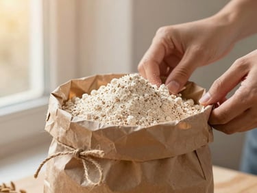 Hands carefully packaging freshly ground whole-wheat flour into a rustic brown paper bag tied with simple jute twine, warm golden-hour lighting.