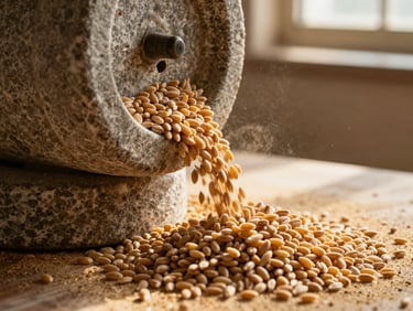 Warm editorial close-up of golden wheat grains flowing into a traditional stone chakki mill, soft window light illuminating the dust motes and raw textures.