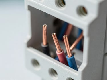 Close-up macro shot of clean copper wiring inside a newly installed consumer unit, bright natural daylight, sharp technical focus, realistic cool-toned color grading