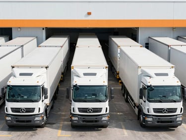 Straight-on shot of active shipping docks with clean white trucks and cargo being transferred, daylight.