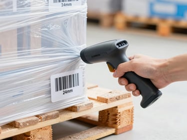 Close-up of a hand holding a modern barcode scanner scanning a label on a wrapped pallet, bright high-key lighting.
