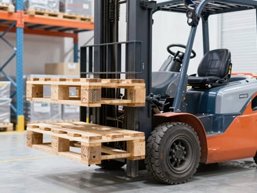 Close-up of a forklift placing a clean wooden pallet onto high-bay steel racks, bright industrial lighting.