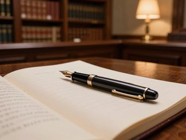 Close-up of a fountain pen on heavy paper inside a leather-bound law library, warm interior lamp lighting, 35mm