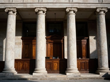 High-contrast architectural detail of a classical courthouse facade, limestone columns, dramatic side-lighting, 35mm
