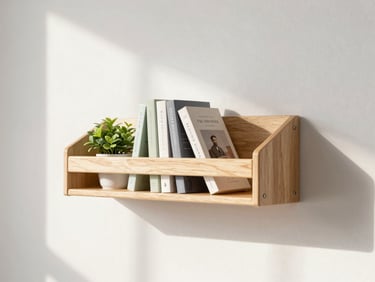Narrow wall-mounted floating book rack in light wood, styled with a few books and a small plant, soft morning light.