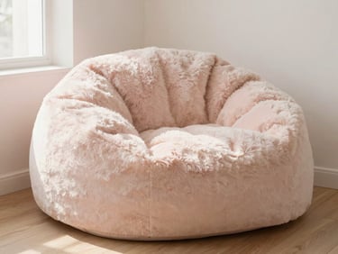Patterned faux fur bean lounger in a soft pastel hue, nestled in a cozy corner, warm ambient light.