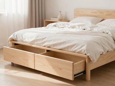 Full teen bed with integrated storage drawers in light pastel wood, styled with soft bedding, diffused light.