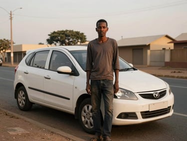 Documentary portrait of a South African driver standing proudly next to a clean, unbranded white compact hatchback, no license plate visible, warm golden-hour light on a Kempton Park street, realistic 35mm photography.