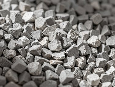 Macro high-contrast shot of clean recycled concrete aggregates and gravel of uniform size, technical lighting highlighting the raw texture, professional engineering inspection context.