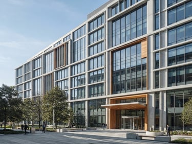 Wide-angle architectural photograph of a modern concrete and glass office building facade in crisp morning daylight, sharp shadows, desaturated cool tones with warm wood accents