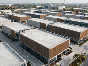 Crisp wide-angle aerial photograph of a newly developed modern commercial business park, clean concrete structures, soft daylight.