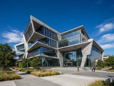 Crisp architectural photography of a modern concrete and glass tech headquarters in bright daylight, sharp clean lines, deep blue sky, 35mm lens