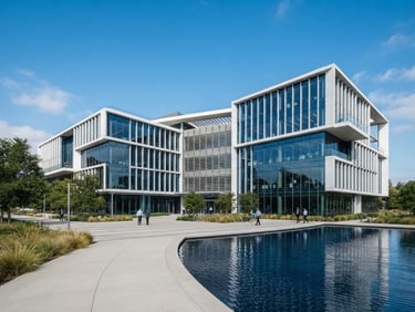 Crisp architectural photography of a modern concrete and glass tech headquarters, bright natural daylight, clean white and deep blue tones, sharp focus, wide shot.