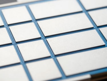 Close-up macro shot of clean silicon wafer circuits, bright natural daylight, white and deep blue tones, sharp focus