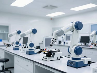 Wide shot of a clean-room laboratory with precise robotic arms, bright daylight, minimalist design, sharp focus
