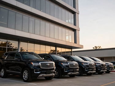 A line of pristine black executive SUVs parked in perfect alignment outside a modern Texas corporate headquarters at dusk.