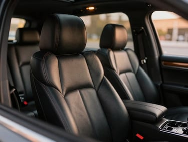 Tight macro shot of premium hand-stitched black leather seats inside an executive limousine, warm amber ambient lighting illuminating the quiet cabin.