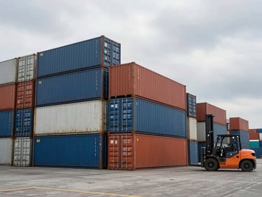 Wide environmental shot of a logistics hub with stacked shipping containers under flat overcast sky, a forklift visible to the right third of frame, industrial scale evident, no people
