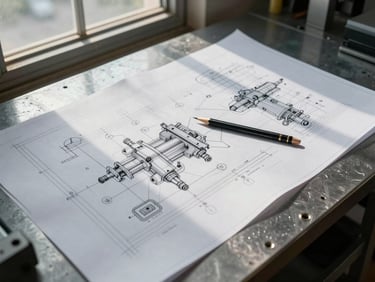Close overhead shot of large-format technical engineering drawings spread across a steel-topped workbench, a precise mechanical pencil resting on a tolerance callout, overcast daylight from a high factory window, no people, crisp shadows across the printed linework