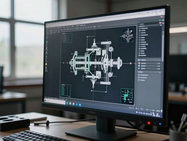 Close-up of a CAD engineering workstation monitor displaying detailed mechanical assembly drawings, overcast daylight through a factory window reflecting on the screen, precision tooling visible on the desk surface, no people