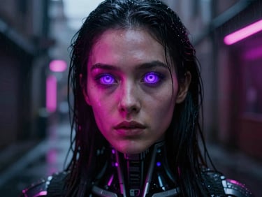 Vertical 9:16 crop, dramatic film photography of a cybernetic woman with glowing purple eyes, intense expression, dark rainy alley background, neon magenta highlights.