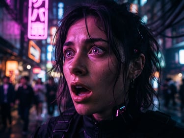 Extreme close-up of a shocked female face under intense magenta cyberpunk neon lighting, shallow depth of field, vertical 9:16 crop.