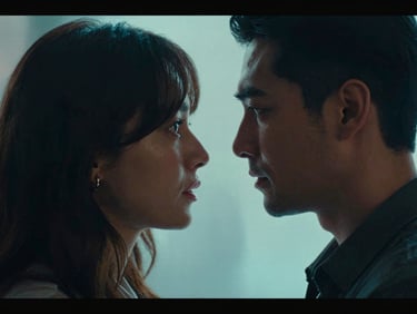Vertical 9:16 crop, dramatic film photography of two lovers separated by a glowing digital screen, intense romantic tension, moody neon backlighting.