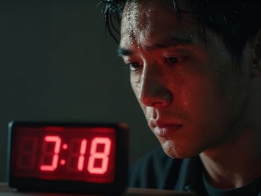 Vertical 9:16 crop, dramatic film photography of a man sweating, looking at a glowing red countdown timer, extreme close-up, high-contrast dramatic shadows.