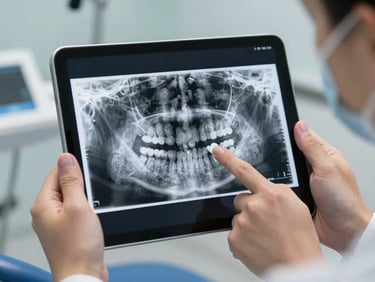 A close-up of a dentist's hands holding a high-resolution digital tablet showing a detailed dental X-ray, pointing out clinical features to a patient in a softly lit, modern clinic.