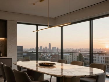 An ultra-premium penthouse dining area on Lavelle Road, a monolithic marble dining table, delicate gold pendant light, warm evening light