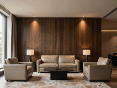A high-end minimal executive office lounge, bespoke dark oak wall paneling, soft leather armchairs, architectural spotlighting